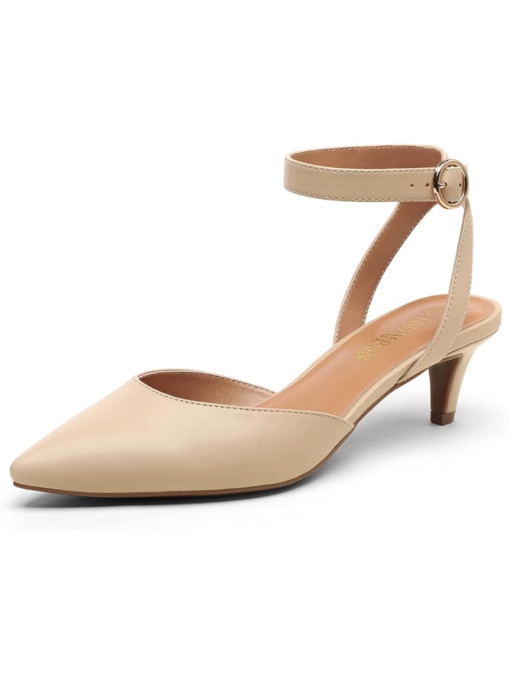 Pointed Toe Ankle Strap Kitten Heel - Nude